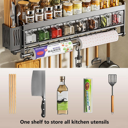 Hanging Wall Mount knife Wall Mount,Condiment Cup, Space-Saving Knife Rack with Hooks, Kitchen Organizer Storage Shelf for Utensils Spatula Spoon, Kitchen Utensil Hanger (Black, 48cm+6Cups+10Hooks)
