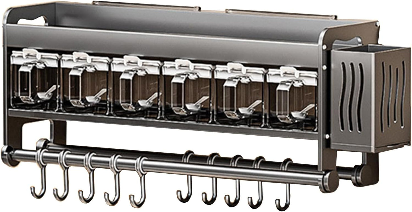 Hanging Wall Mount knife Wall Mount,Condiment Cup, Space-Saving Knife Rack with Hooks, Kitchen Organizer Storage Shelf for Utensils Spatula Spoon, Kitchen Utensil Hanger (Black, 48cm+6Cups+10Hooks)