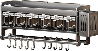 Hanging Wall Mount knife Wall Mount,Condiment Cup, Space-Saving Knife Rack with Hooks, Kitchen Organizer Storage Shelf for Utensils Spatula Spoon, Kitchen Utensil Hanger (Black, 48cm+6Cups+10Hooks)