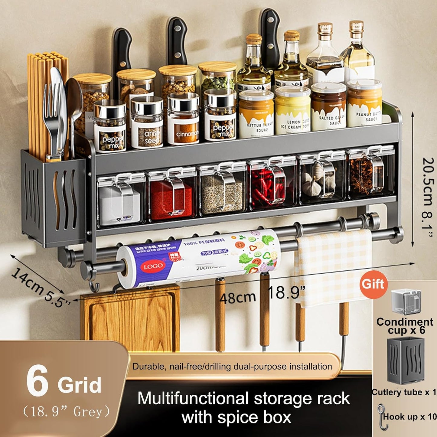 Hanging Wall Mount knife Wall Mount,Condiment Cup, Space-Saving Knife Rack with Hooks, Kitchen Organizer Storage Shelf for Utensils Spatula Spoon, Kitchen Utensil Hanger (Black, 48cm+6Cups+10Hooks)