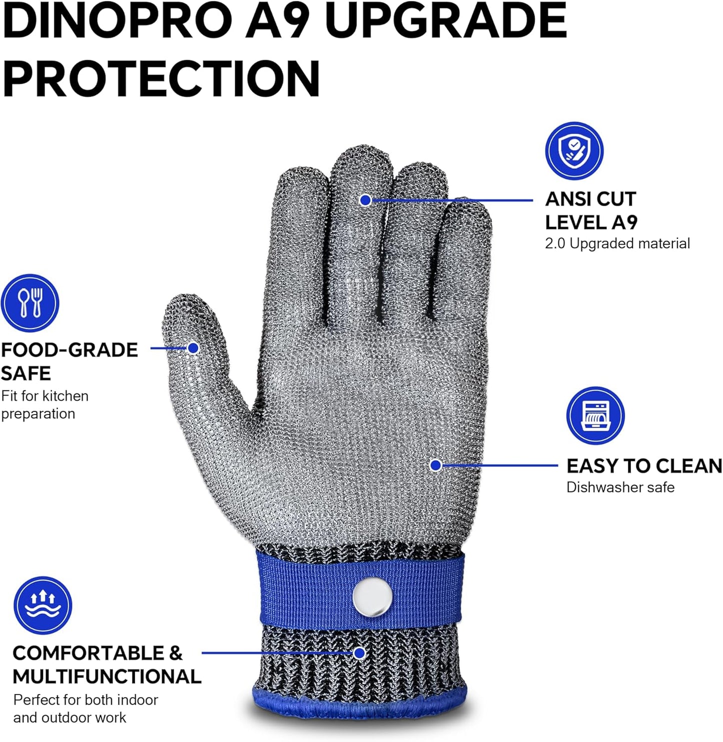 ANSI A9 Cut Resistant Glove, Food Grade Stainless Steel Mesh Metal Glove, Suitable for Mandoline, Kitchen Cooking,Butcher Meat Cutting and Oyster Shucking(Large Size)