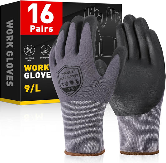 Safety Gloves, 16/32 Pairs Nitrile, 72 PU, Seamless Nylon, S-XL