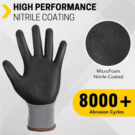 Safety Gloves, 16/32 Pairs Nitrile, 72 PU, Seamless Nylon, S-XL