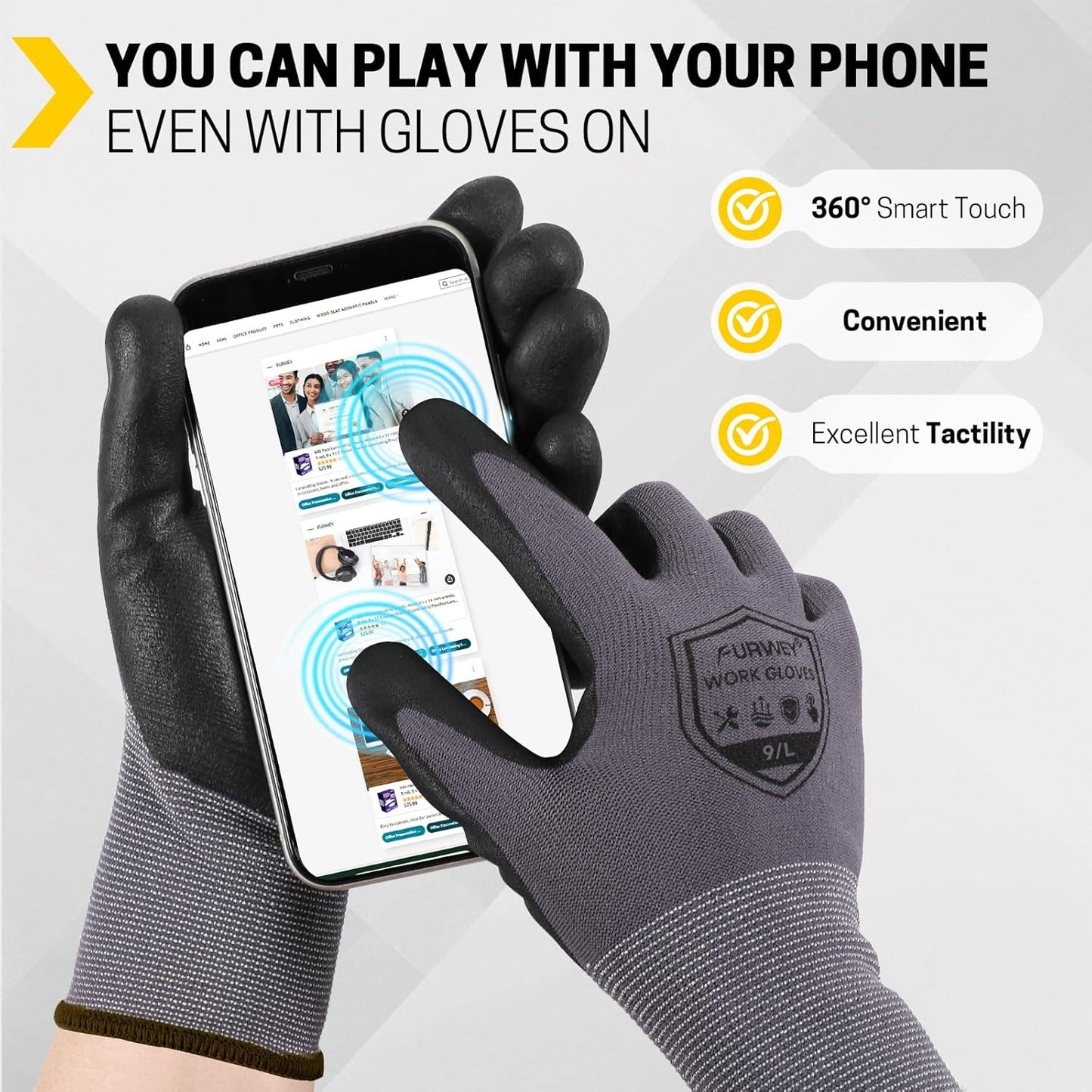 Safety Gloves, 16/32 Pairs Nitrile, 72 PU, Seamless Nylon, S-XL
