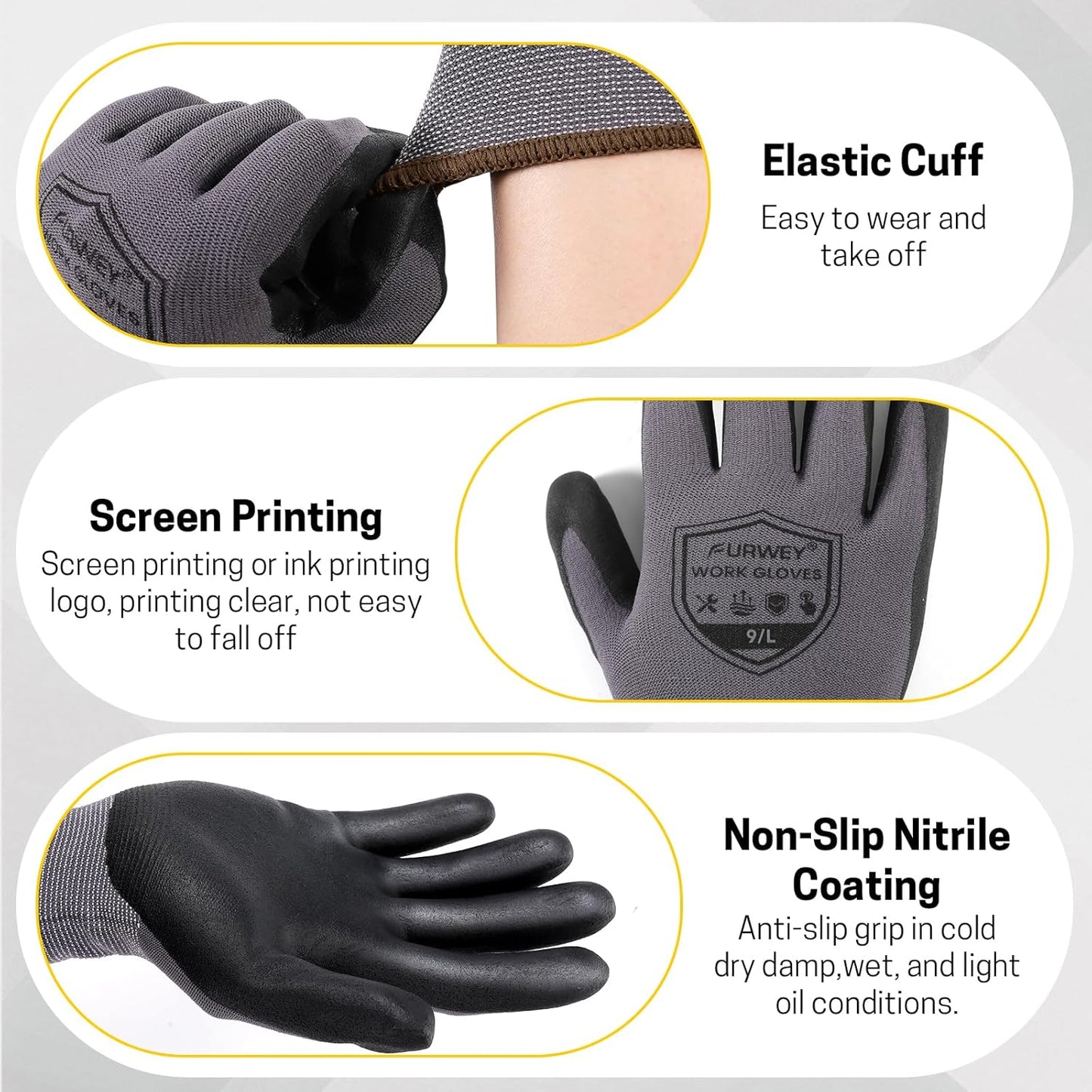 Safety Gloves, 16/32 Pairs Nitrile, 72 PU, Seamless Nylon, S-XL
