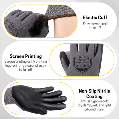 Safety Gloves, 16/32 Pairs Nitrile, 72 PU, Seamless Nylon, S-XL