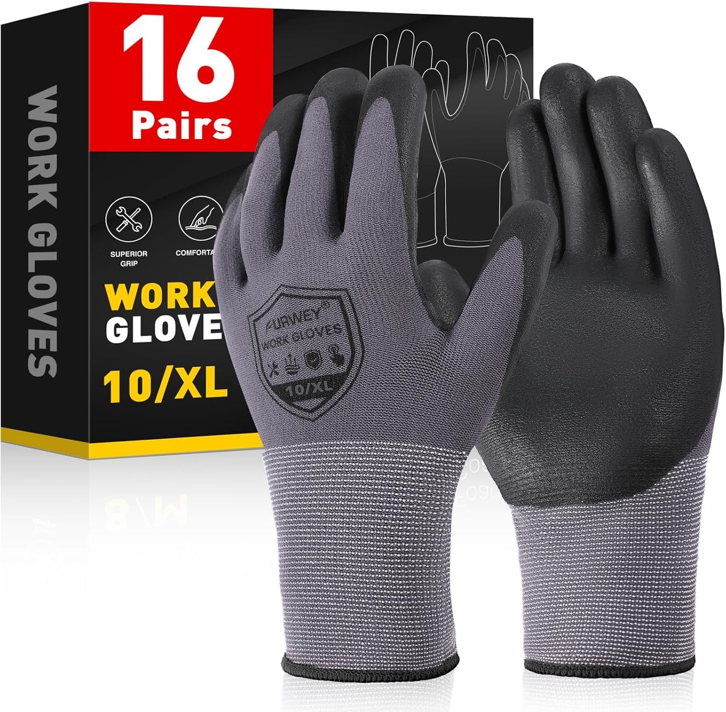 Safety Gloves, 16/32 Pairs Nitrile, 72 PU, Seamless Nylon, S-XL