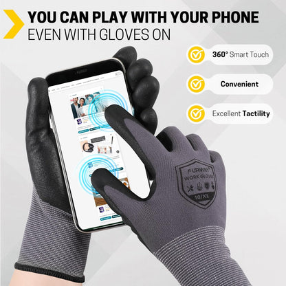 Safety Gloves, 16/32 Pairs Nitrile, 72 PU, Seamless Nylon, S-XL