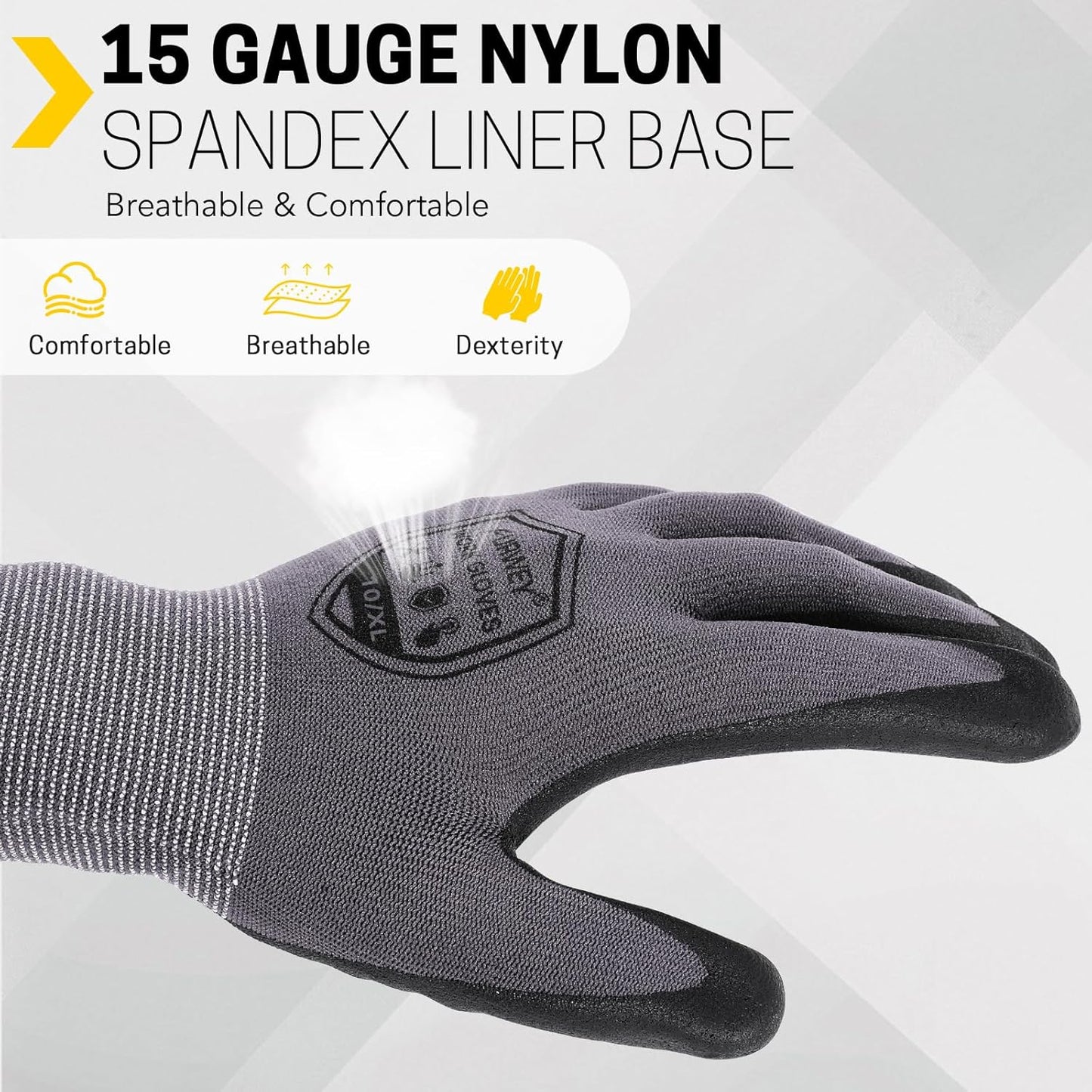 Safety Gloves, 16/32 Pairs Nitrile, 72 PU, Seamless Nylon, S-XL