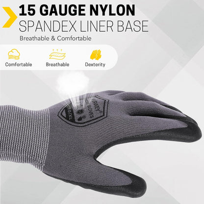 Safety Gloves, 16/32 Pairs Nitrile, 72 PU, Seamless Nylon, S-XL