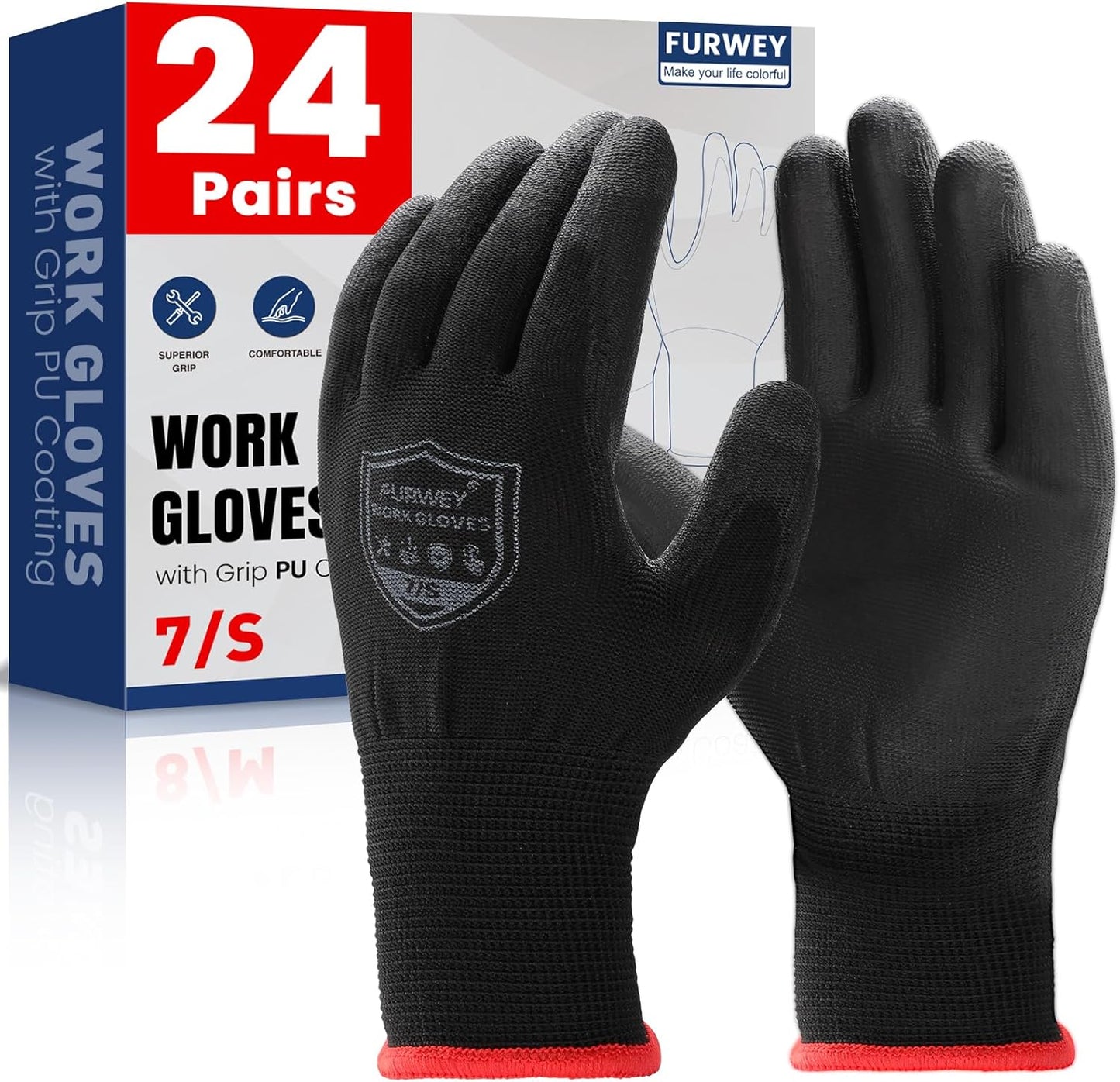 Safety Gloves, 16/32 Pairs Nitrile, 72 PU, Seamless Nylon, S-XL