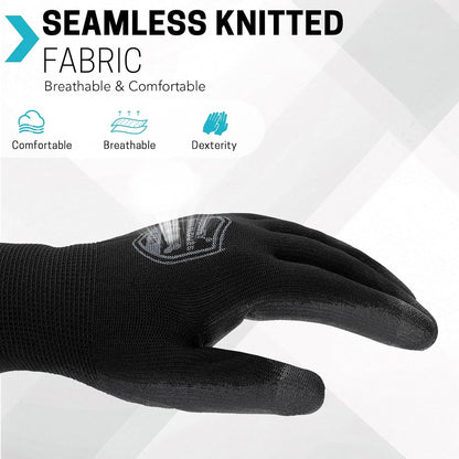Safety Gloves, 16/32 Pairs Nitrile, 72 PU, Seamless Nylon, S-XL