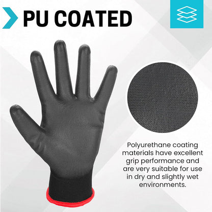Safety Gloves, 16/32 Pairs Nitrile, 72 PU, Seamless Nylon, S-XL