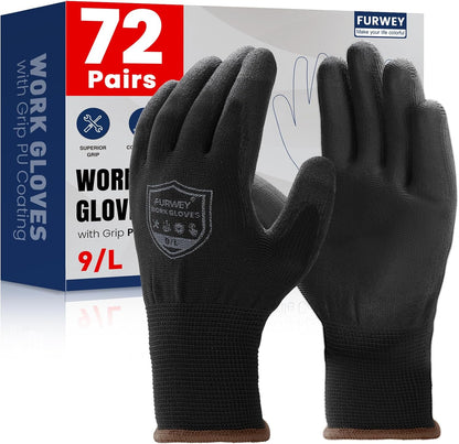 Safety Gloves, 16/32 Pairs Nitrile, 72 PU, Seamless Nylon, S-XL