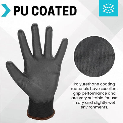 Safety Gloves, 16/32 Pairs Nitrile, 72 PU, Seamless Nylon, S-XL