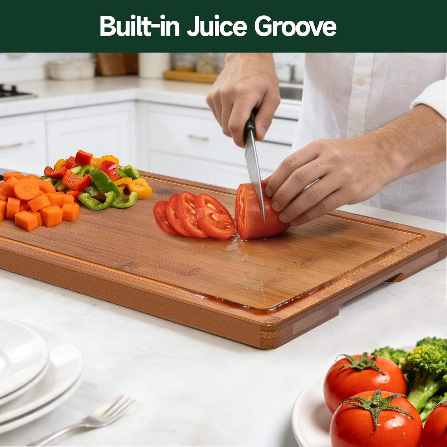 3-Piece Set Deep-Carbonized Bamboo Cutting Board for Kitchen - Crack-Resistant Wood Chopping Boards with Deep Juice Grooves, Pre-Oiled Butcher Block for Meat, Vegetables & Cheese, Carbonized