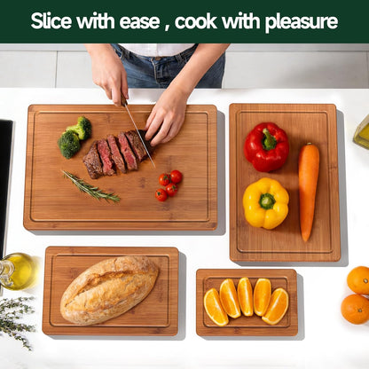 3-Piece Set Deep-Carbonized Bamboo Cutting Board for Kitchen - Crack-Resistant Wood Chopping Boards with Deep Juice Grooves, Pre-Oiled Butcher Block for Meat, Vegetables & Cheese, Carbonized