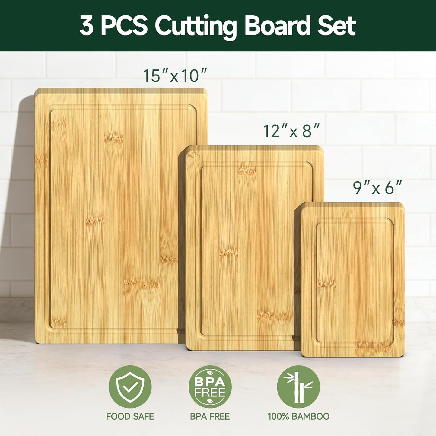 3-Piece Set Deep-Carbonized Bamboo Cutting Board for Kitchen - Crack-Resistant Wood Chopping Boards with Deep Juice Grooves, Pre-Oiled Butcher Block for Meat, Vegetables & Cheese, Carbonized