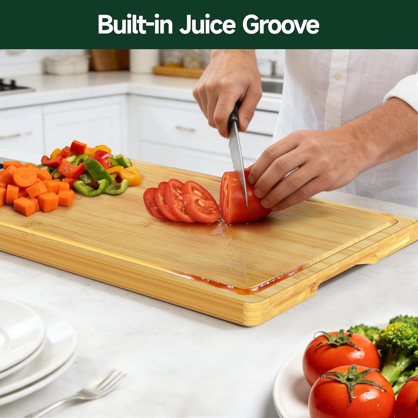 3-Piece Set Deep-Carbonized Bamboo Cutting Board for Kitchen - Crack-Resistant Wood Chopping Boards with Deep Juice Grooves, Pre-Oiled Butcher Block for Meat, Vegetables & Cheese, Carbonized