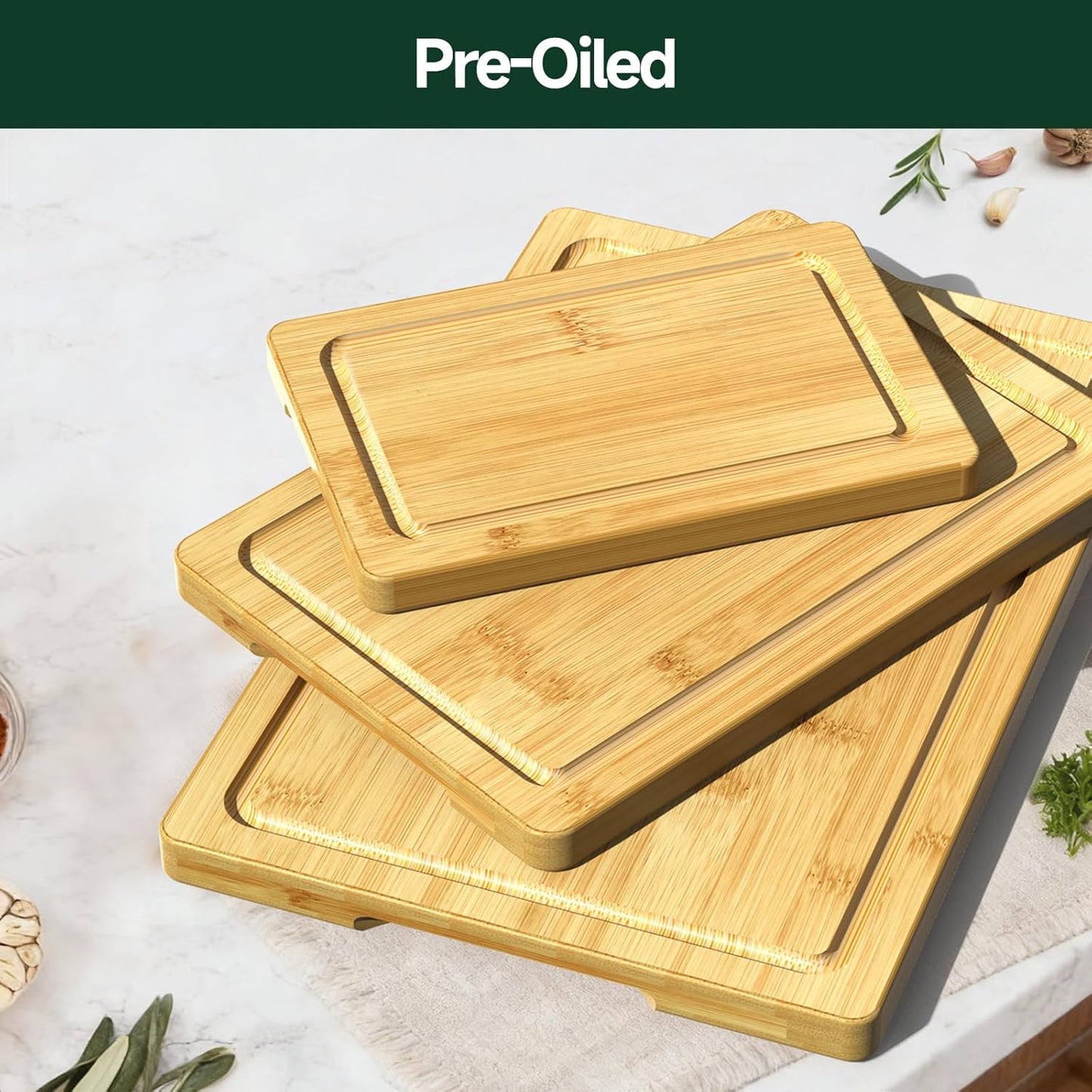 3-Piece Set Deep-Carbonized Bamboo Cutting Board for Kitchen - Crack-Resistant Wood Chopping Boards with Deep Juice Grooves, Pre-Oiled Butcher Block for Meat, Vegetables & Cheese, Carbonized