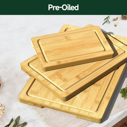 3-Piece Set Deep-Carbonized Bamboo Cutting Board for Kitchen - Crack-Resistant Wood Chopping Boards with Deep Juice Grooves, Pre-Oiled Butcher Block for Meat, Vegetables & Cheese, Carbonized