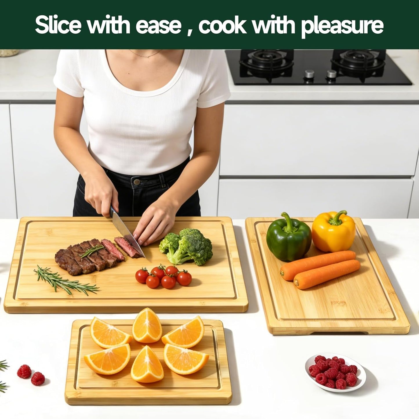 3-Piece Set Deep-Carbonized Bamboo Cutting Board for Kitchen - Crack-Resistant Wood Chopping Boards with Deep Juice Grooves, Pre-Oiled Butcher Block for Meat, Vegetables & Cheese, Carbonized