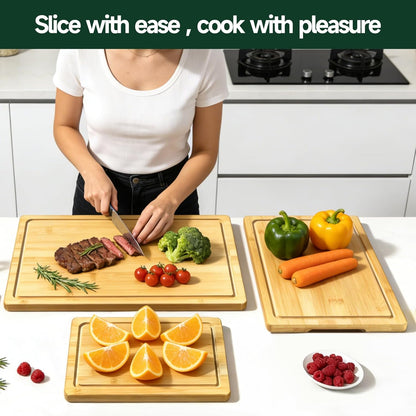 3-Piece Set Deep-Carbonized Bamboo Cutting Board for Kitchen - Crack-Resistant Wood Chopping Boards with Deep Juice Grooves, Pre-Oiled Butcher Block for Meat, Vegetables & Cheese, Carbonized