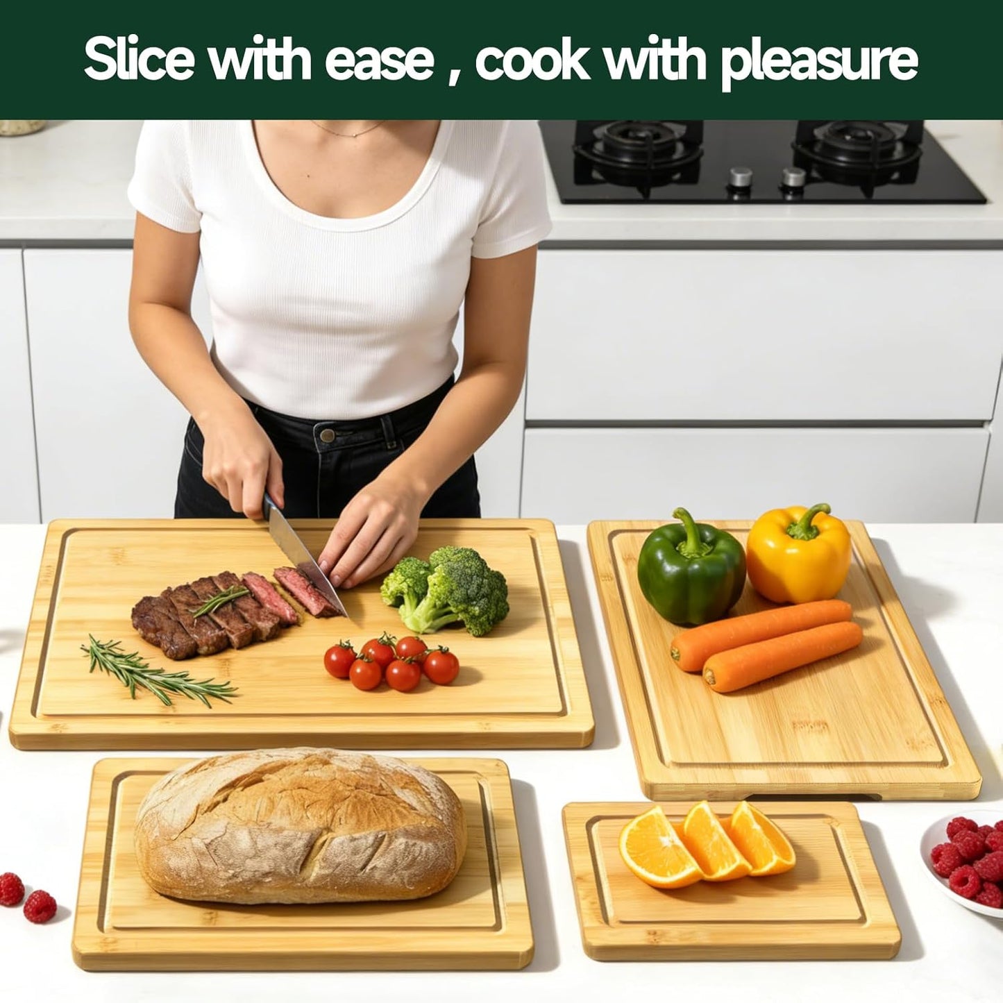 3-Piece Set Deep-Carbonized Bamboo Cutting Board for Kitchen - Crack-Resistant Wood Chopping Boards with Deep Juice Grooves, Pre-Oiled Butcher Block for Meat, Vegetables & Cheese, Carbonized