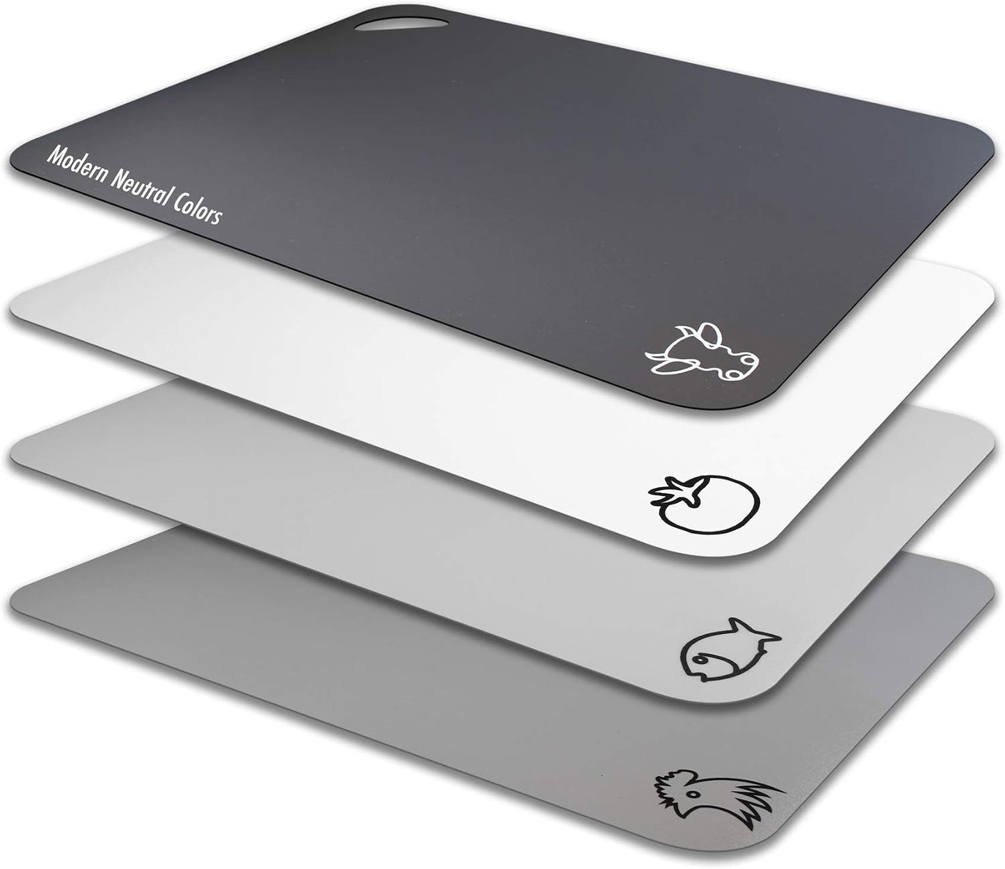 Plastic Cutting Boards with Food Icons, Set of 4, Flexible Cutting Mats with Hole, BPA-Free, Non-Slip and Dishwasher Safe, Modern Neutral Colors