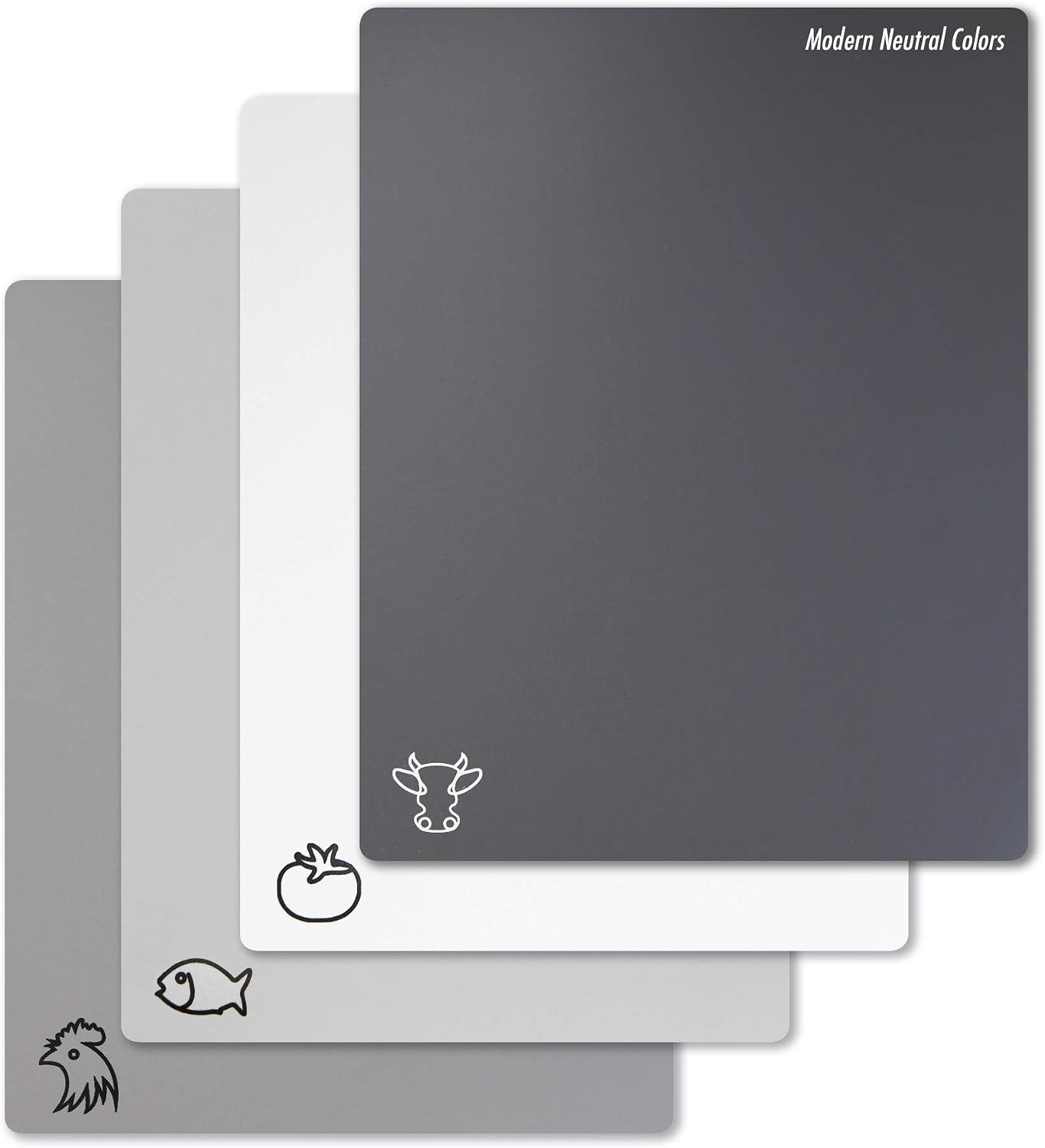 Plastic Cutting Boards with Food Icons, Set of 4, Flexible Cutting Mats with Hole, BPA-Free, Non-Slip and Dishwasher Safe, Modern Neutral Colors