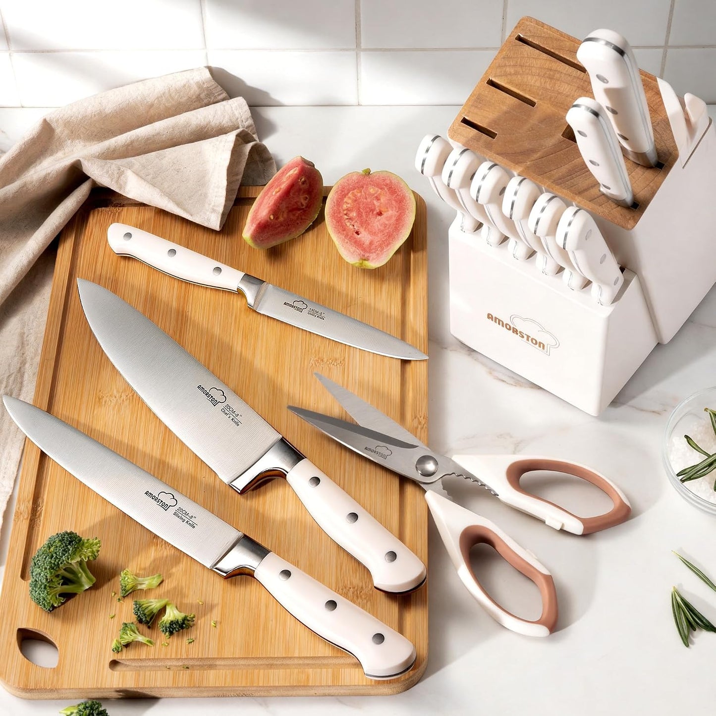 Knife Set, Kitchen Knives Set with Block and Sharpener 14 Pcs Full Tang Knives German Stainless Steel Dishwasher Safe Kitchen Utensils Set with Ergonomic Handle Gifts for Women