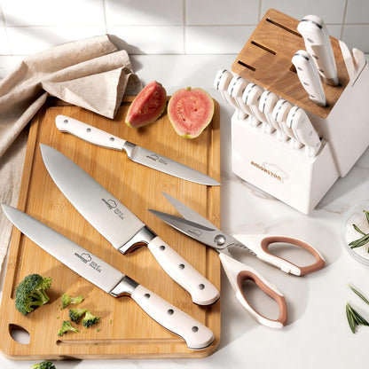 Knife Set, Kitchen Knives Set with Block and Sharpener 14 Pcs Full Tang Knives German Stainless Steel Dishwasher Safe Kitchen Utensils Set with Ergonomic Handle Gifts for Women