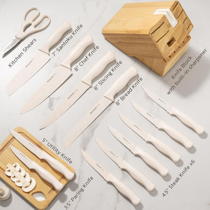Knife Set, Kitchen Knife Set with Sharpener Block, German Stainless Steel Knives with Anti-Rust Coating, Dishwasher Safe, Elegant Cream White Design, Perfect for Holiday Gifts