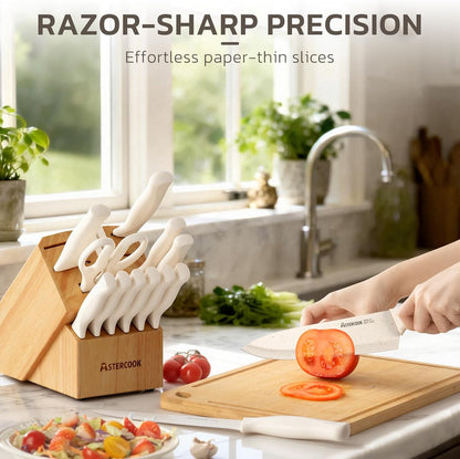 Knife Set, Kitchen Knife Set with Sharpener Block, German Stainless Steel Knives with Anti-Rust Coating, Dishwasher Safe, Elegant Cream White Design, Perfect for Holiday Gifts