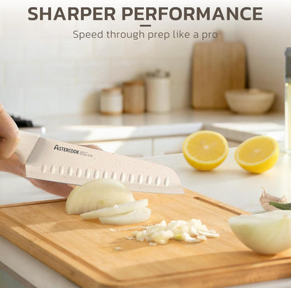 Knife Set, Kitchen Knife Set with Sharpener Block, German Stainless Steel Knives with Anti-Rust Coating, Dishwasher Safe, Elegant Cream White Design, Perfect for Holiday Gifts