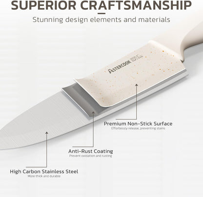Knife Set, Kitchen Knife Set with Sharpener Block, German Stainless Steel Knives with Anti-Rust Coating, Dishwasher Safe, Elegant Cream White Design, Perfect for Holiday Gifts