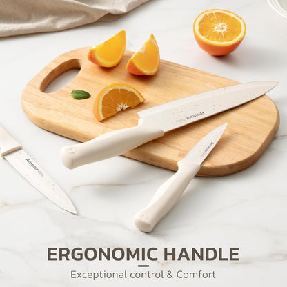 Knife Set, Kitchen Knife Set with Sharpener Block, German Stainless Steel Knives with Anti-Rust Coating, Dishwasher Safe, Elegant Cream White Design, Perfect for Holiday Gifts