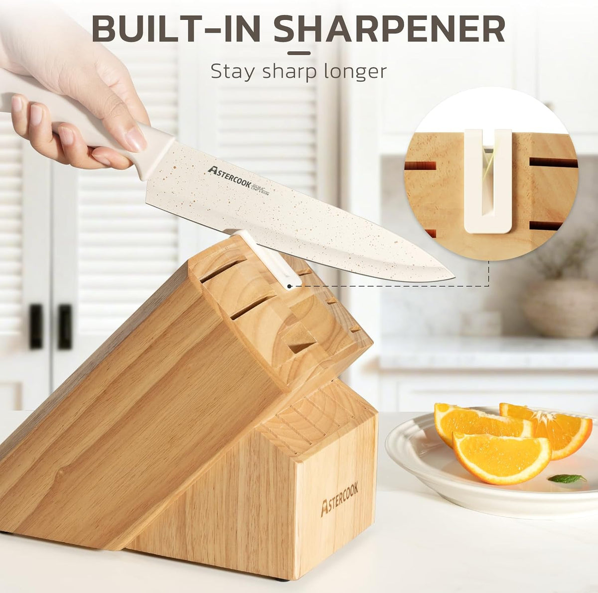 Knife Set, Kitchen Knife Set with Sharpener Block, German Stainless Steel Knives with Anti-Rust Coating, Dishwasher Safe, Elegant Cream White Design, Perfect for Holiday Gifts