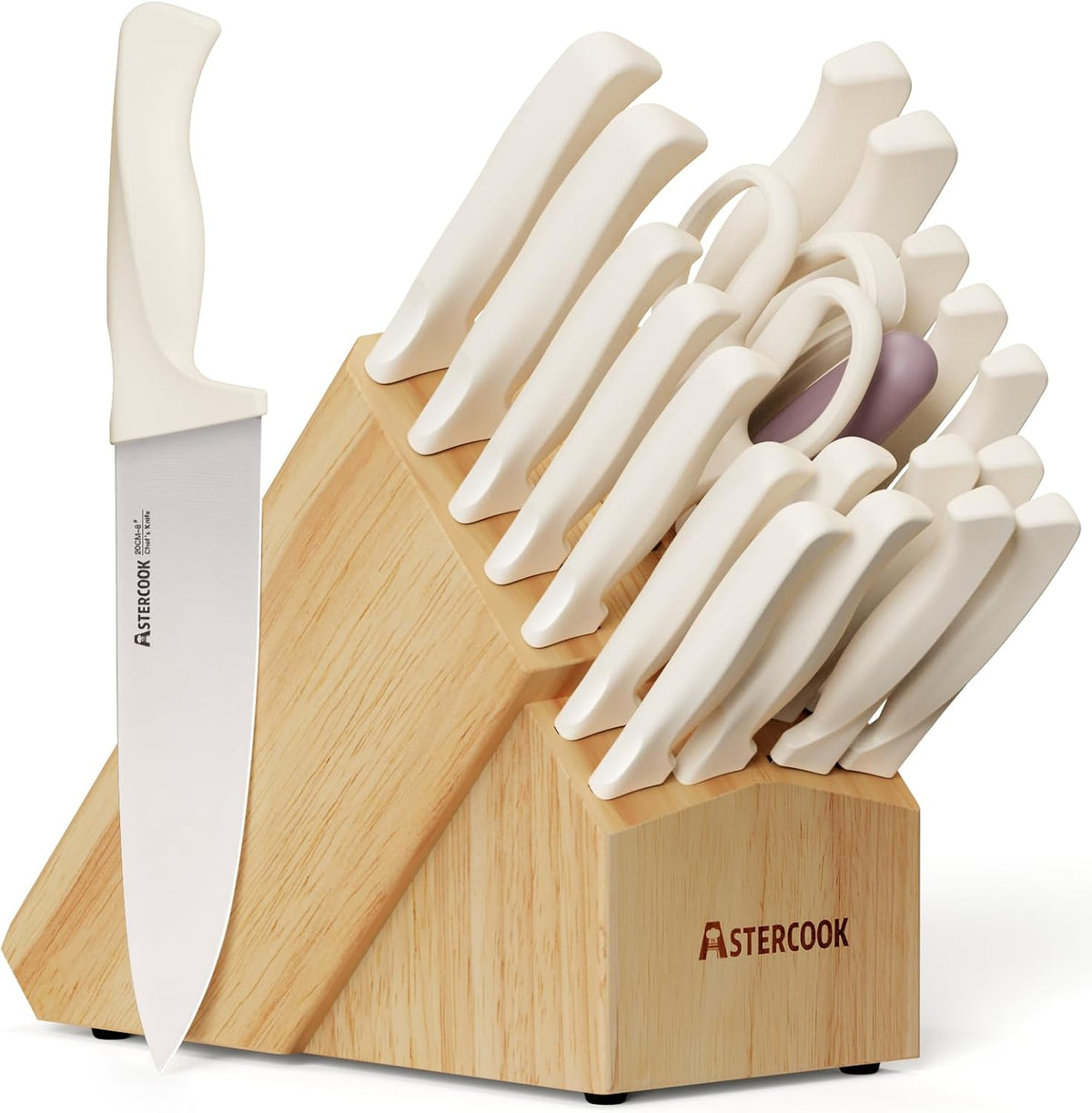 Knife Set, Kitchen Knife Set with Sharpener Block, German Stainless Steel Knives with Anti-Rust Coating, Dishwasher Safe, Elegant Cream White Design, Perfect for Holiday Gifts