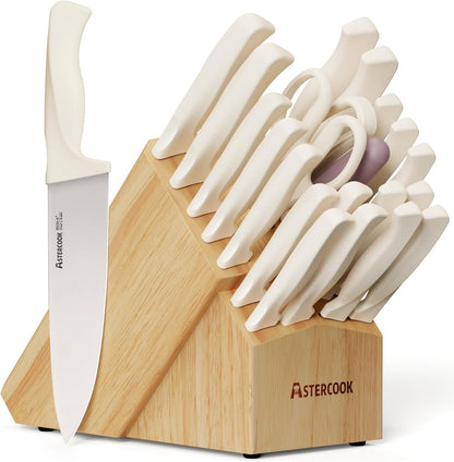 Knife Set, Kitchen Knife Set with Sharpener Block, German Stainless Steel Knives with Anti-Rust Coating, Dishwasher Safe, Elegant Cream White Design, Perfect for Holiday Gifts