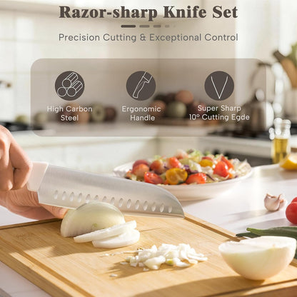 Knife Set, Kitchen Knife Set with Sharpener Block, German Stainless Steel Knives with Anti-Rust Coating, Dishwasher Safe, Elegant Cream White Design, Perfect for Holiday Gifts