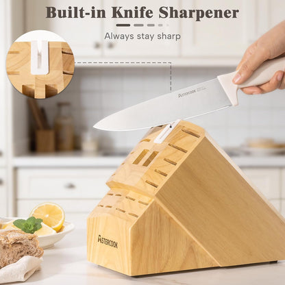Knife Set, Kitchen Knife Set with Sharpener Block, German Stainless Steel Knives with Anti-Rust Coating, Dishwasher Safe, Elegant Cream White Design, Perfect for Holiday Gifts