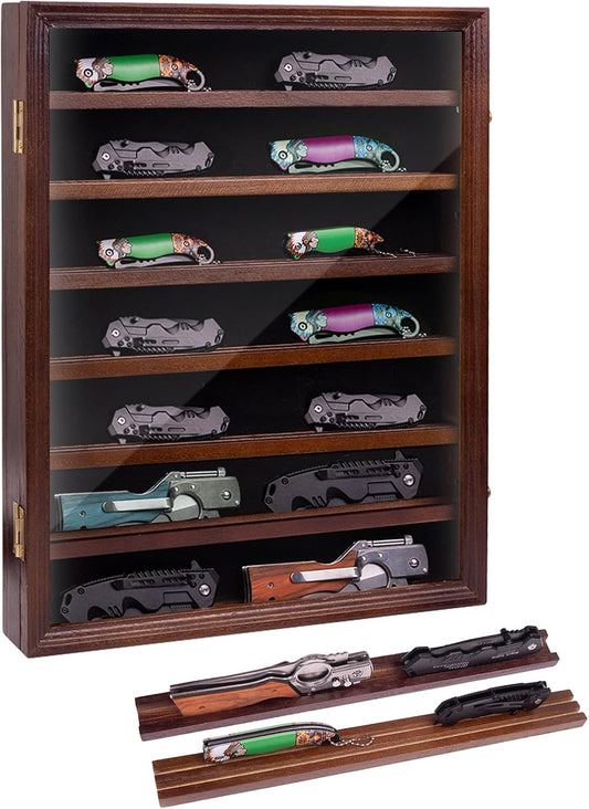 7 Layers Knife Display Case, Cherry Wood, Locking Cabinet with 6 Removable Double Shelves and 6 Single Shelves, Wall Mounted or Desk Display