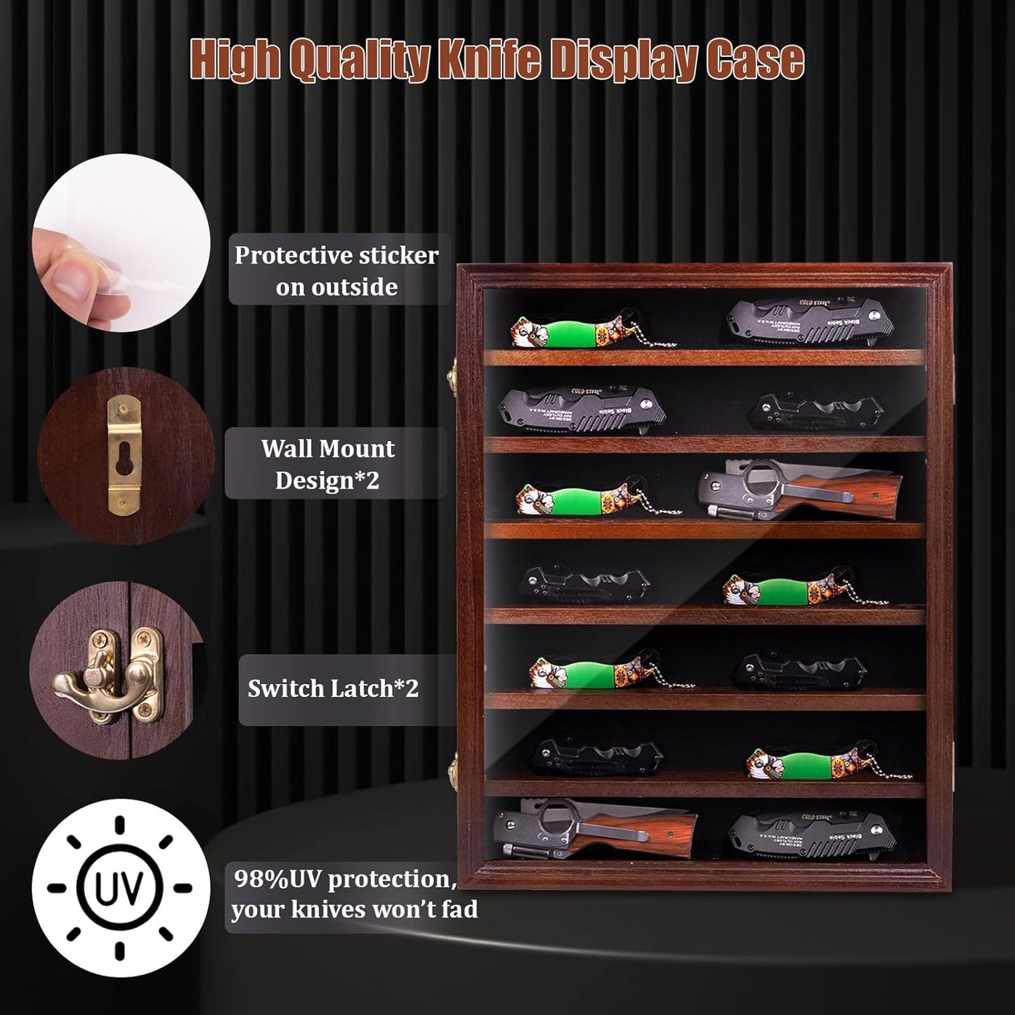 7 Layers Knife Display Case, Cherry Wood, Locking Cabinet with 6 Removable Double Shelves and 6 Single Shelves, Wall Mounted or Desk Display