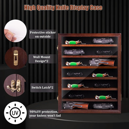 7 Layers Knife Display Case, Cherry Wood, Locking Cabinet with 6 Removable Double Shelves and 6 Single Shelves, Wall Mounted or Desk Display