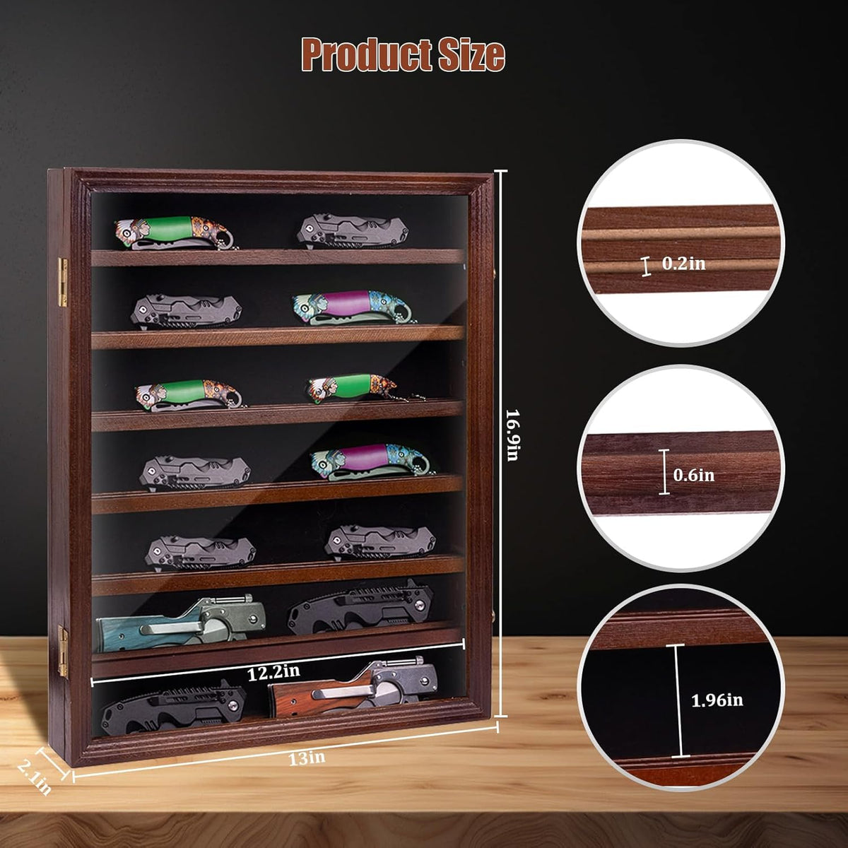 7 Layers Knife Display Case, Cherry Wood, Locking Cabinet with 6 Removable Double Shelves and 6 Single Shelves, Wall Mounted or Desk Display