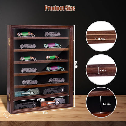 7 Layers Knife Display Case, Cherry Wood, Locking Cabinet with 6 Removable Double Shelves and 6 Single Shelves, Wall Mounted or Desk Display