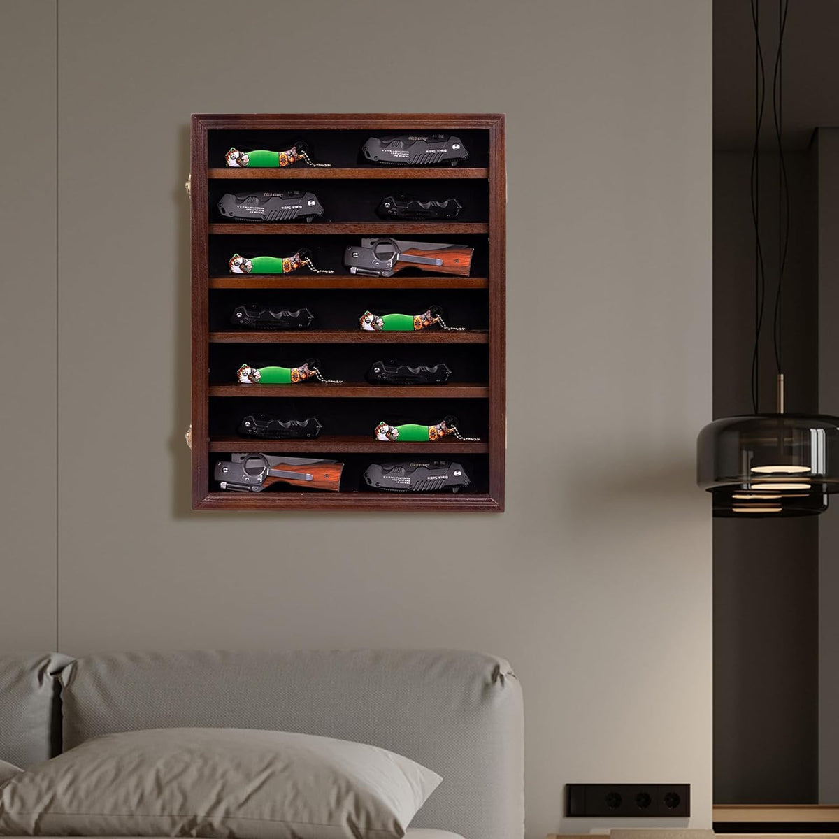 7 Layers Knife Display Case, Cherry Wood, Locking Cabinet with 6 Removable Double Shelves and 6 Single Shelves, Wall Mounted or Desk Display