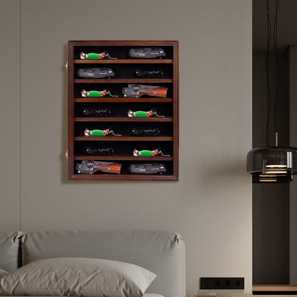 7 Layers Knife Display Case, Cherry Wood, Locking Cabinet with 6 Removable Double Shelves and 6 Single Shelves, Wall Mounted or Desk Display