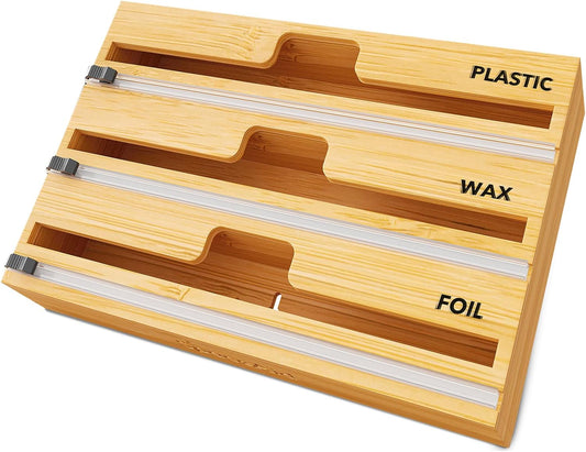 WrapNeat 3 in 1 Wrap Organizer with Cutter and Labels, Plastic Wrap, Aluminum Foil and Wax Bamboo Dispenser for Kitchen Storage Organization Holder for 12" Roll (Natural)